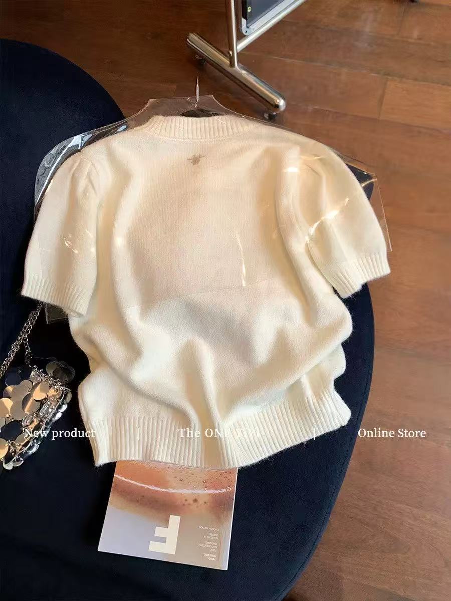 白色星星刺繡燙鉆小香風短袖毛衣女2026春夏新款輕奢氣質顯瘦上衣