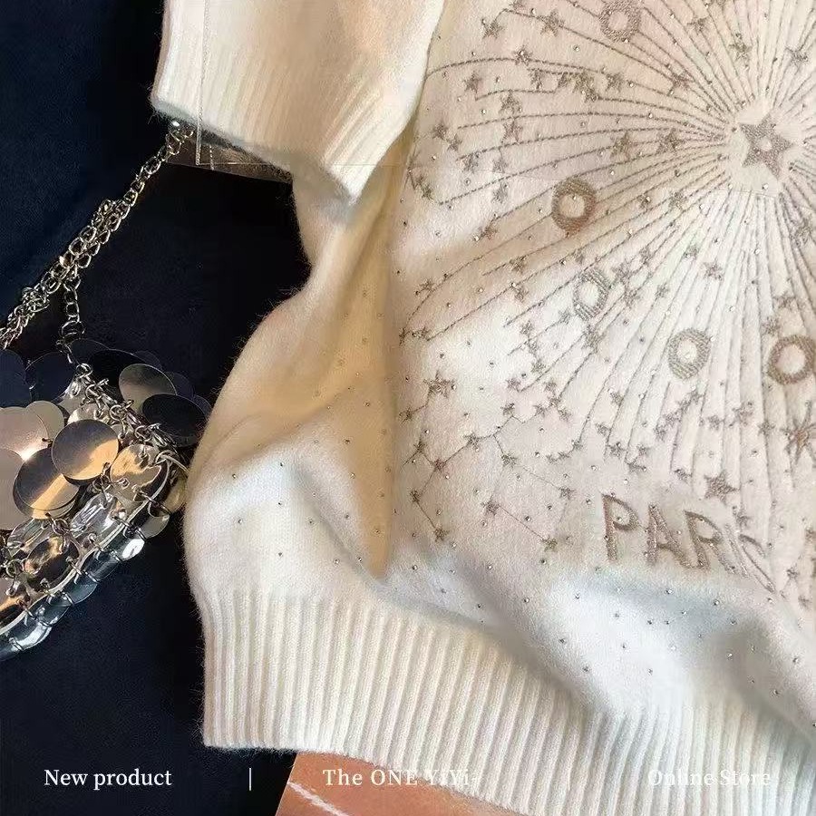白色星星刺繡燙鉆小香風短袖毛衣女2026春夏新款輕奢氣質顯瘦上衣