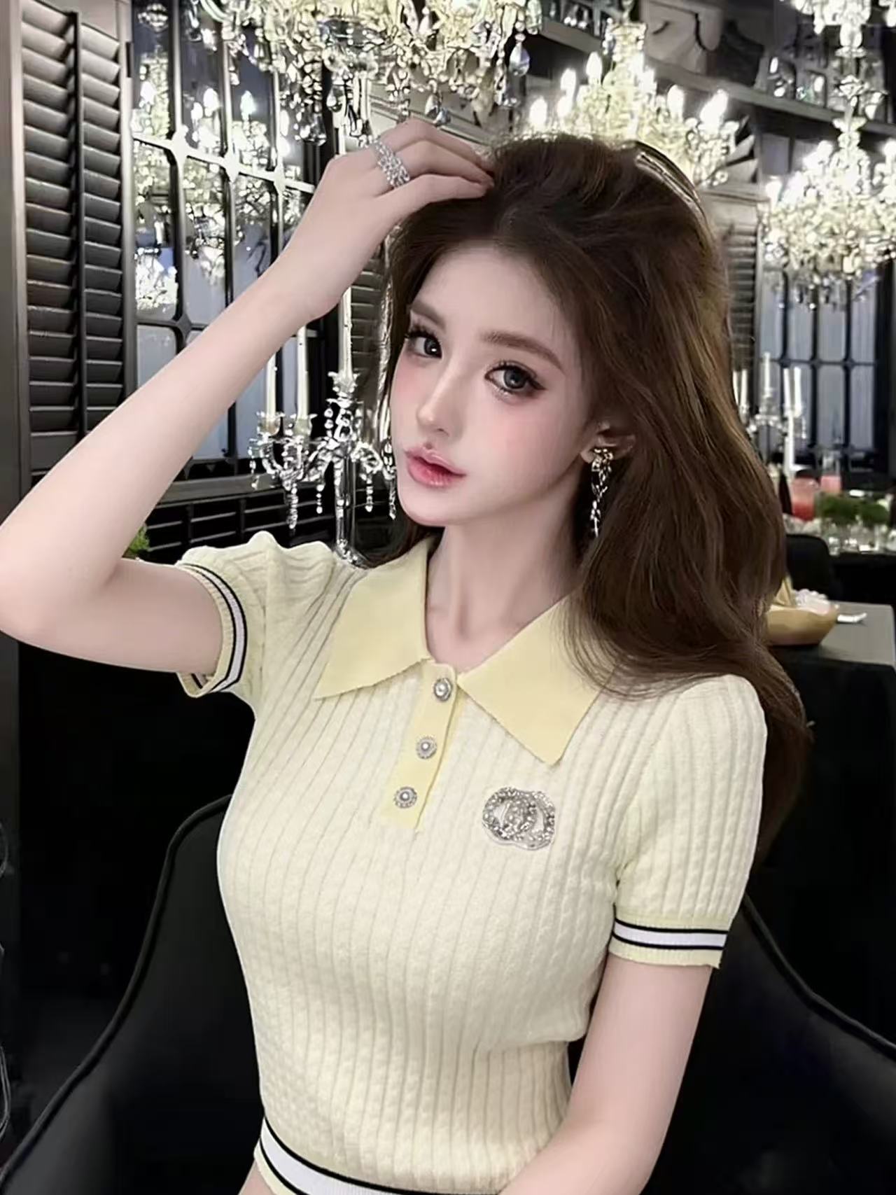 學院風白色Polo領短袖針織衫女鑲鉆時尚撞色條紋設計感減齡上衣
