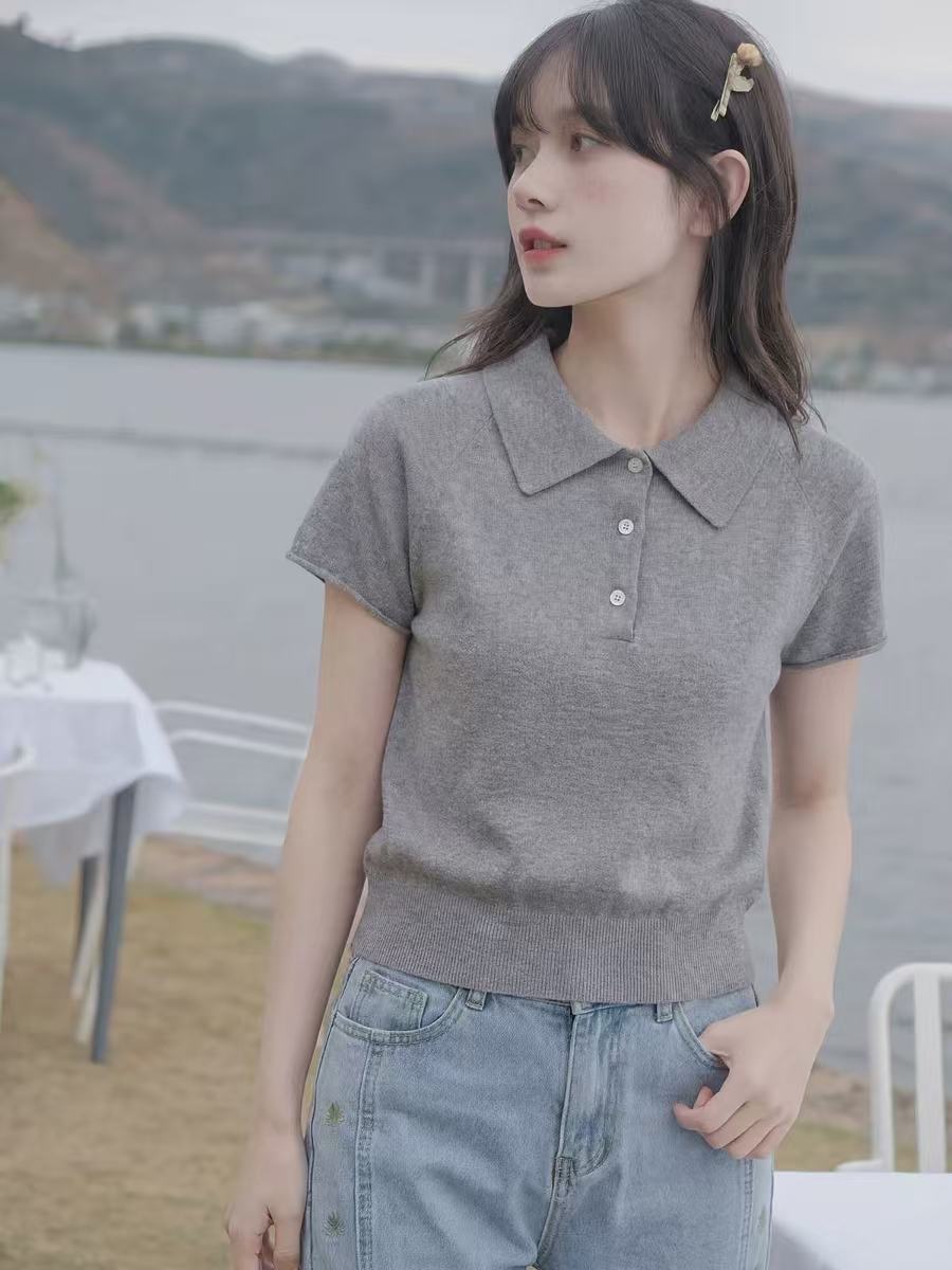么寧韓系藍色polo領短袖針織衫上衣女夏季新款清新超好看正肩T恤