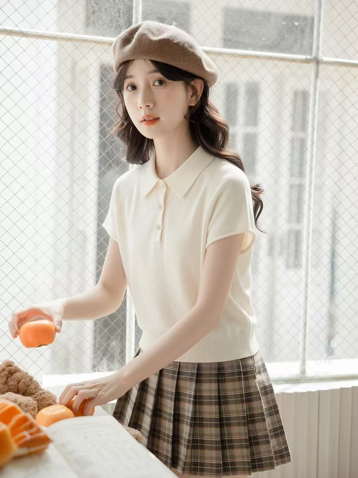 么寧韓系藍色polo領短袖針織衫上衣女夏季新款清新超好看正肩T恤
