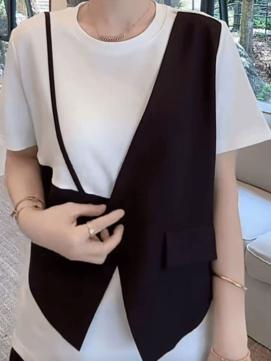 不規則拼接假兩件短袖T恤女2026年夏裝新款洋氣百搭時尚半袖上衣
