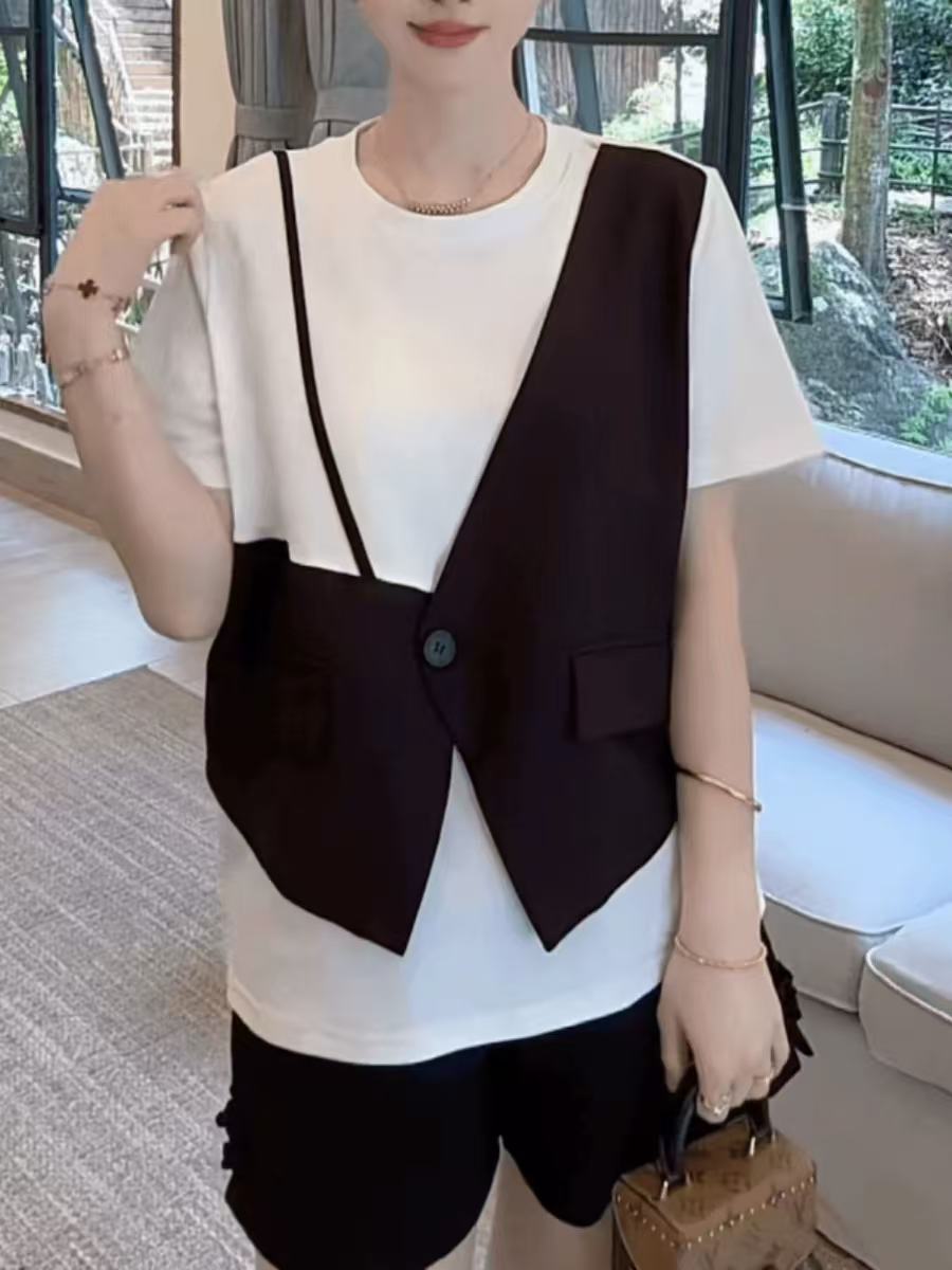 不規則拼接假兩件短袖T恤女2026年夏裝新款洋氣百搭時尚半袖上衣
