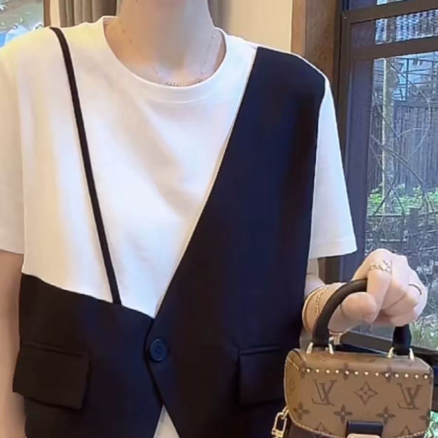 不規則拼接假兩件短袖T恤女2026年夏裝新款洋氣百搭時尚半袖上衣