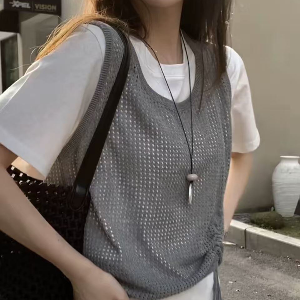 韓系chic別致白色正肩短袖T恤女夏季高級感疊穿小吊帶上衣兩件套
