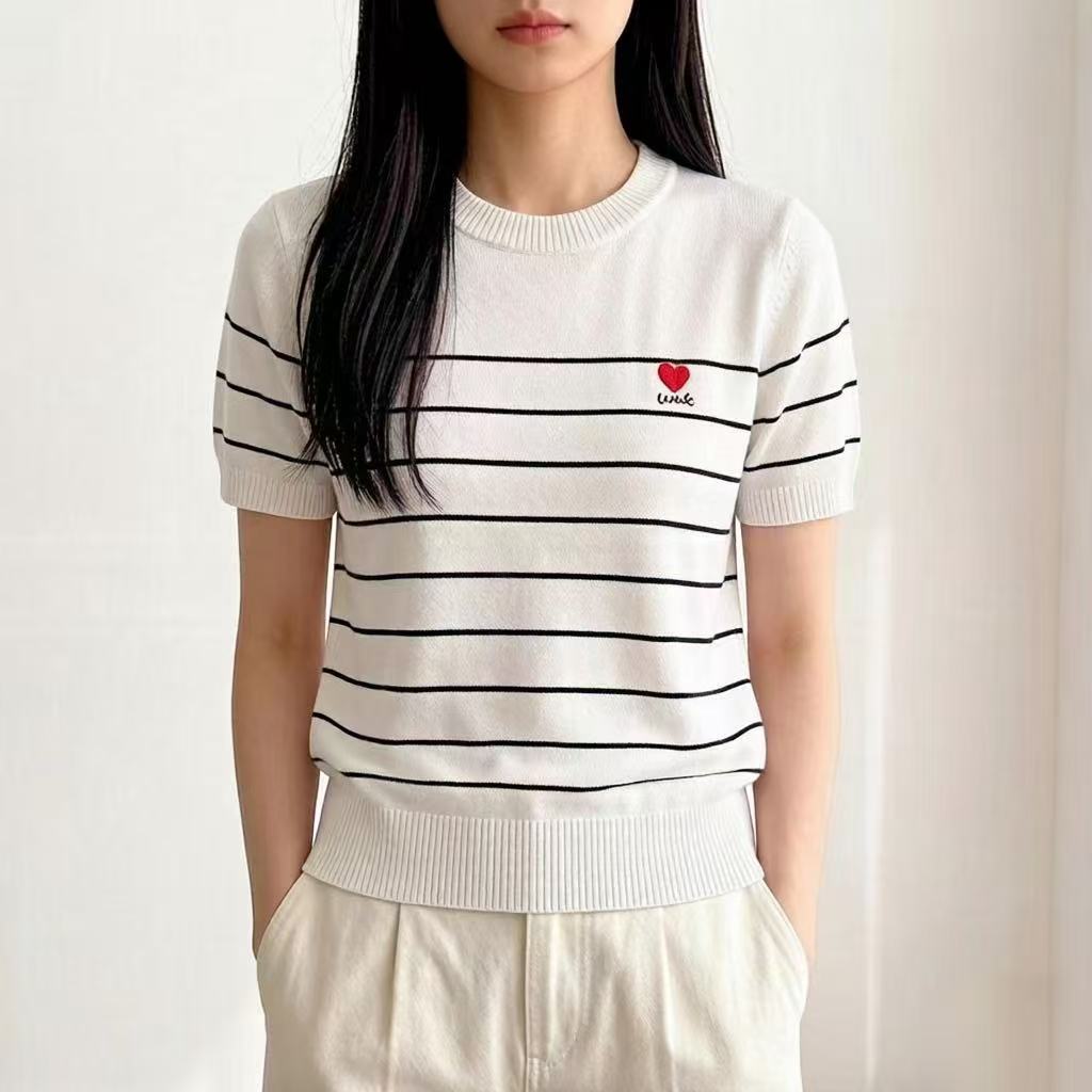 2026條紋撞色短袖針織衫女夏季新款修身顯瘦設計感小眾百搭上衣服