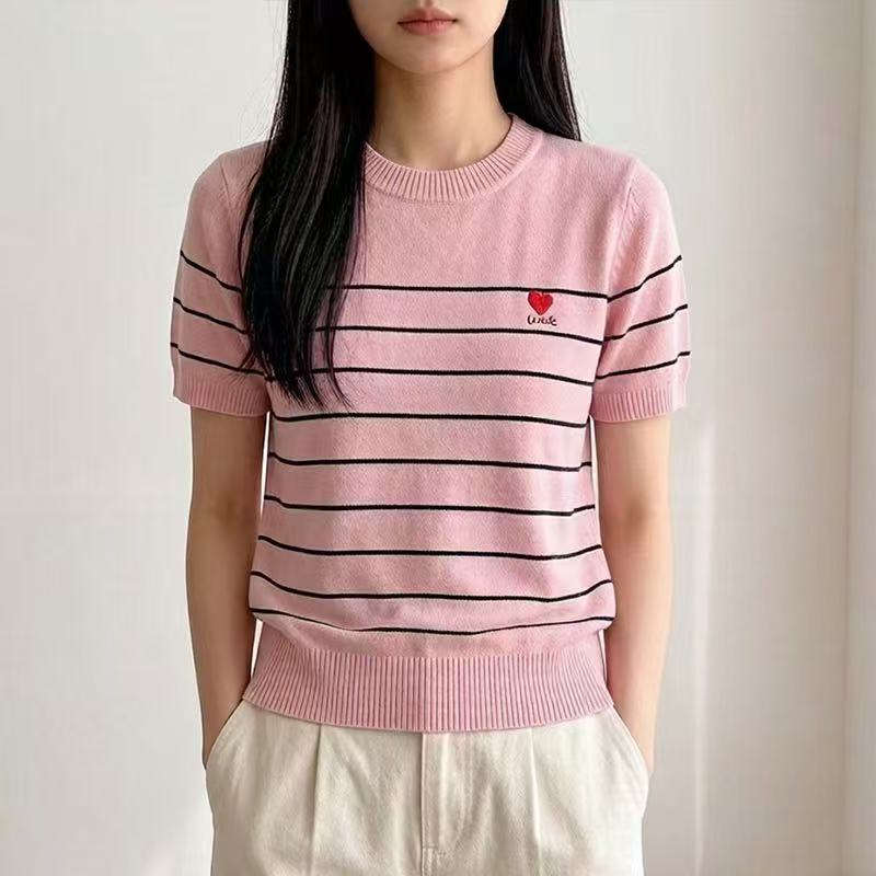 2026條紋撞色短袖針織衫女夏季新款修身顯瘦設計感小眾百搭上衣服