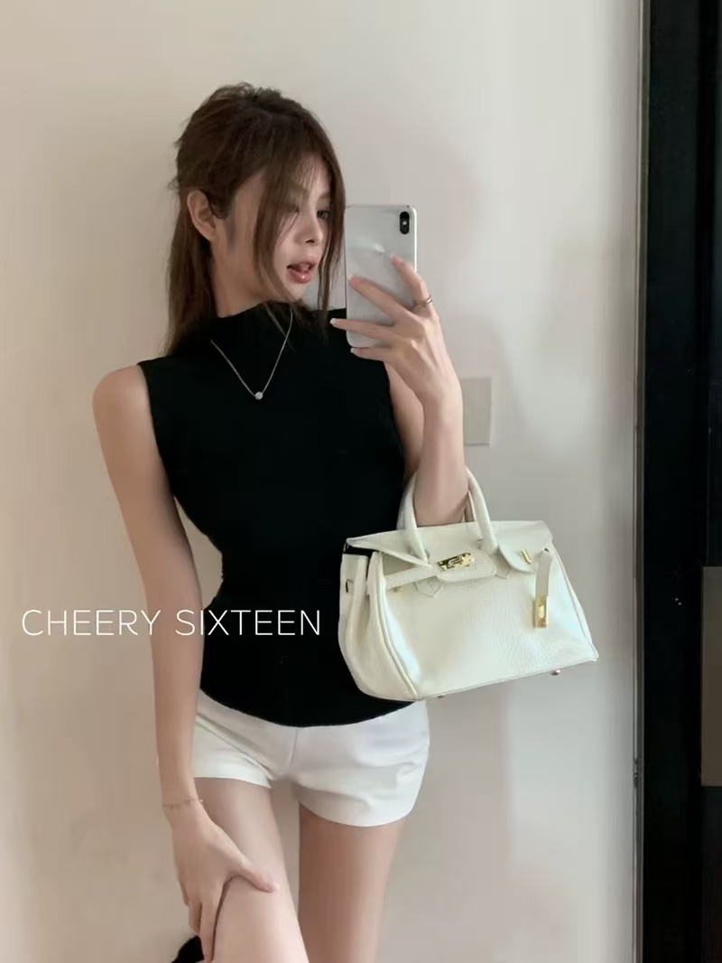 solo爆爆~簡約日常~杏色半高領背心吊帶女外穿修身無袖氣質上衣女
