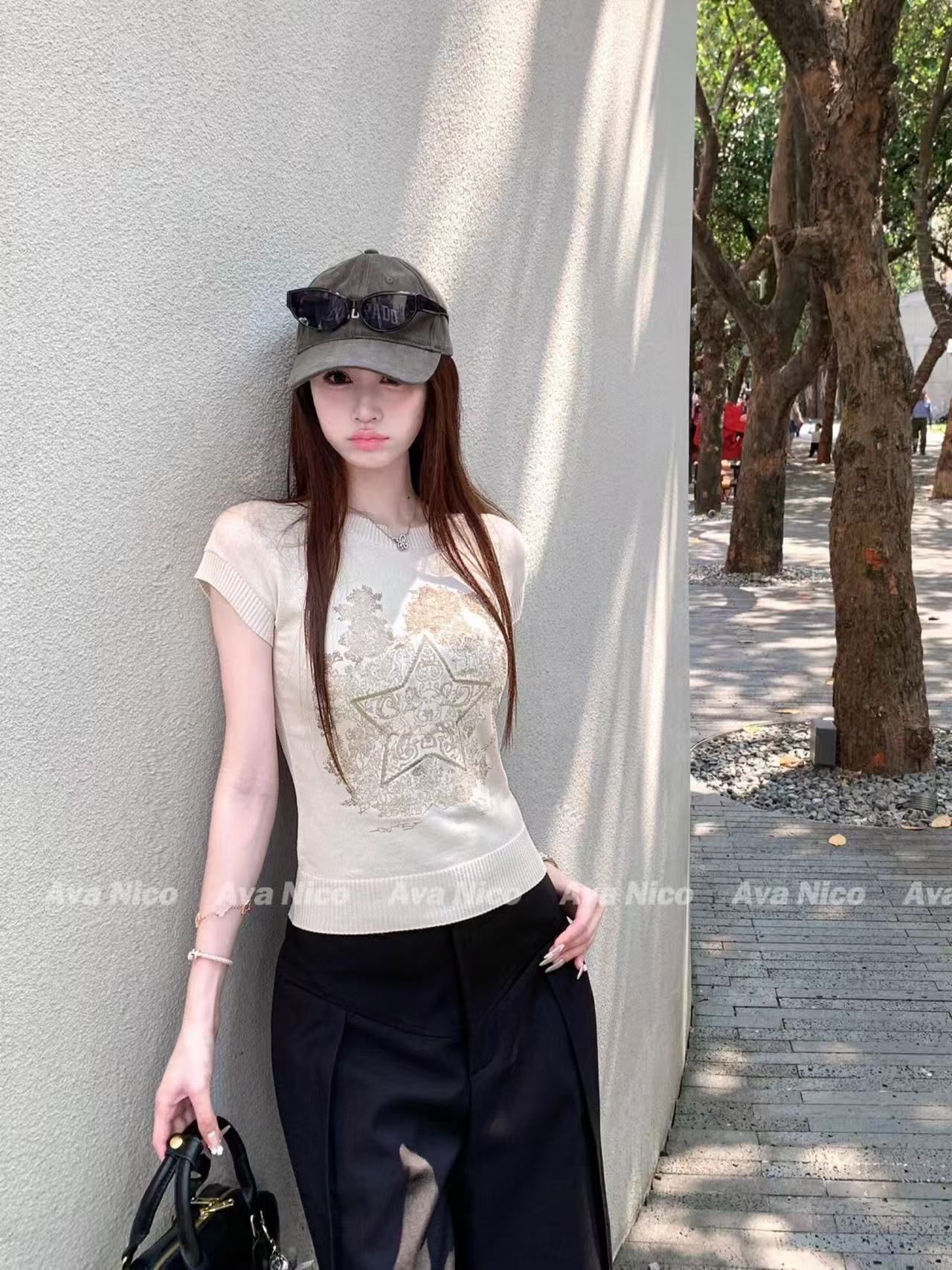巴黎千金風重工刺繡五角星針織短袖t恤夏季薄款氣質無袖上衣