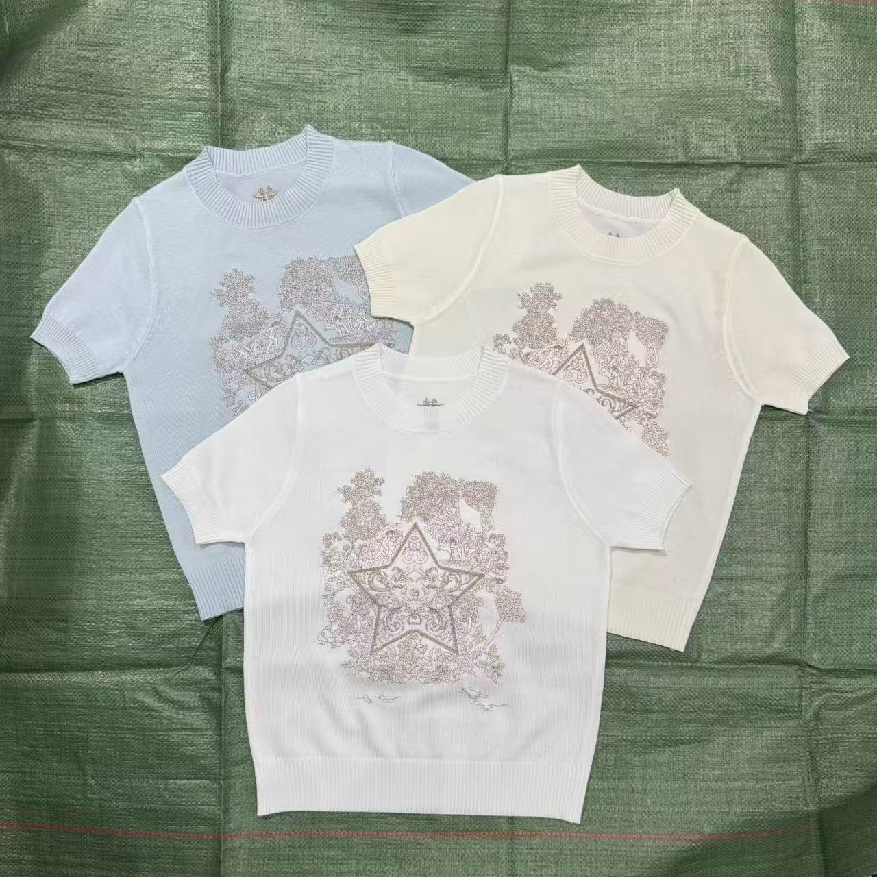 巴黎千金風重工刺繡五角星針織短袖t恤夏季薄款氣質無袖上衣