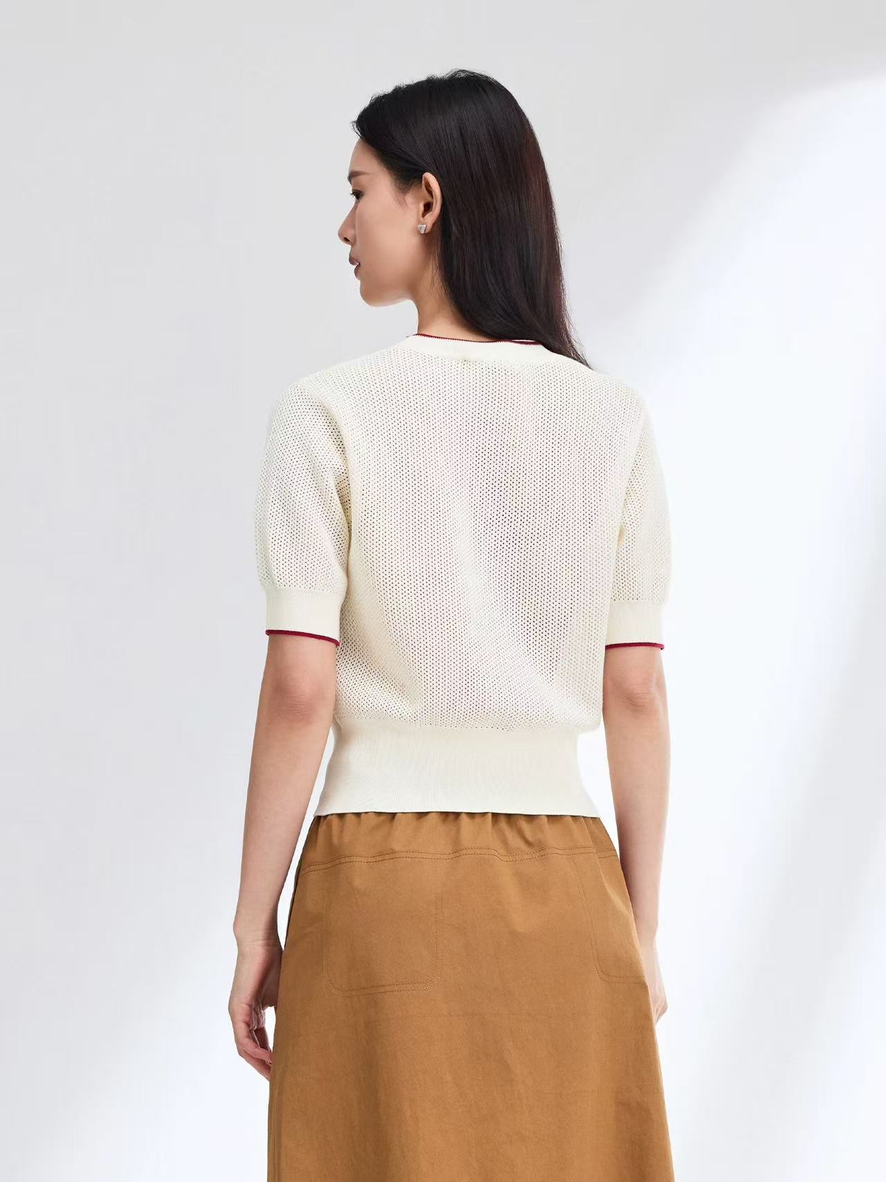 雅馬YAMAEP雅瑩 圓領刺繡撞色短袖針織 26夏新款9535