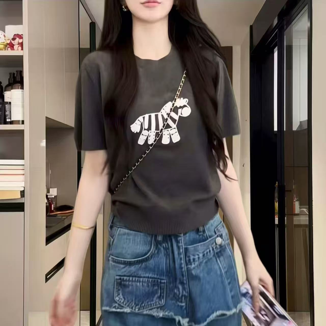 韓系小馬刺繡簡約休閑針織短袖女夏季新款T恤寬松顯瘦百搭上衣潮