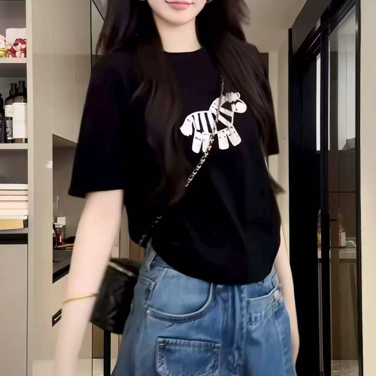韓系小馬刺繡簡約休閑針織短袖女夏季新款T恤寬松顯瘦百搭上衣潮