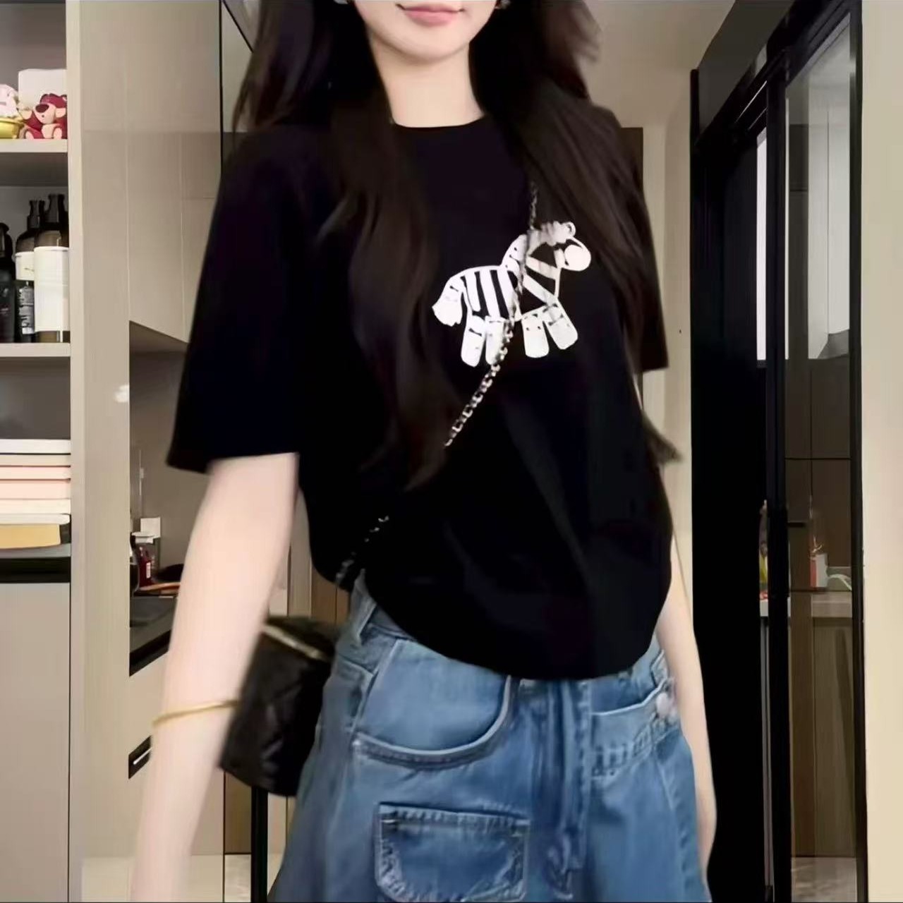 韓系小馬刺繡簡約休閑針織短袖女夏季新款T恤寬松顯瘦百搭上衣潮