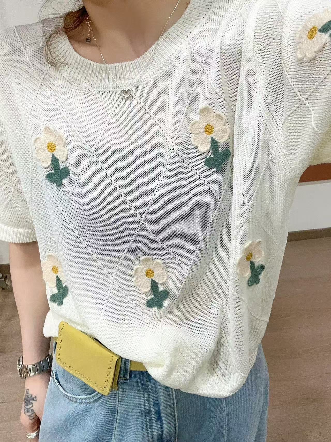 菱形格花朵刺繡冰絲針織衫女歐洲站2026春裝新款歐貨女裝打底衫潮