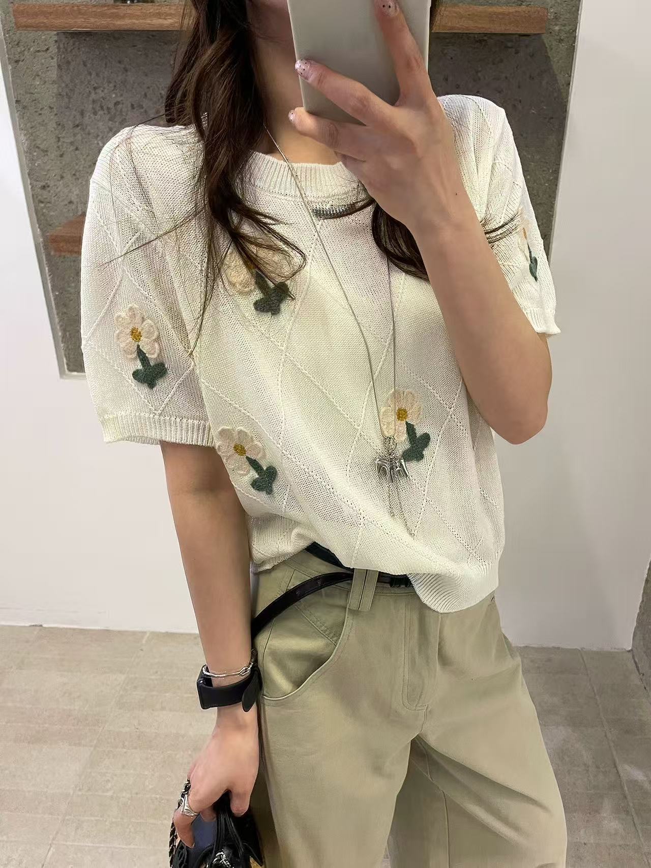 小花刺繡泡泡袖冰絲針織衫女歐洲站2026春裝新款歐貨女裝打底衫潮