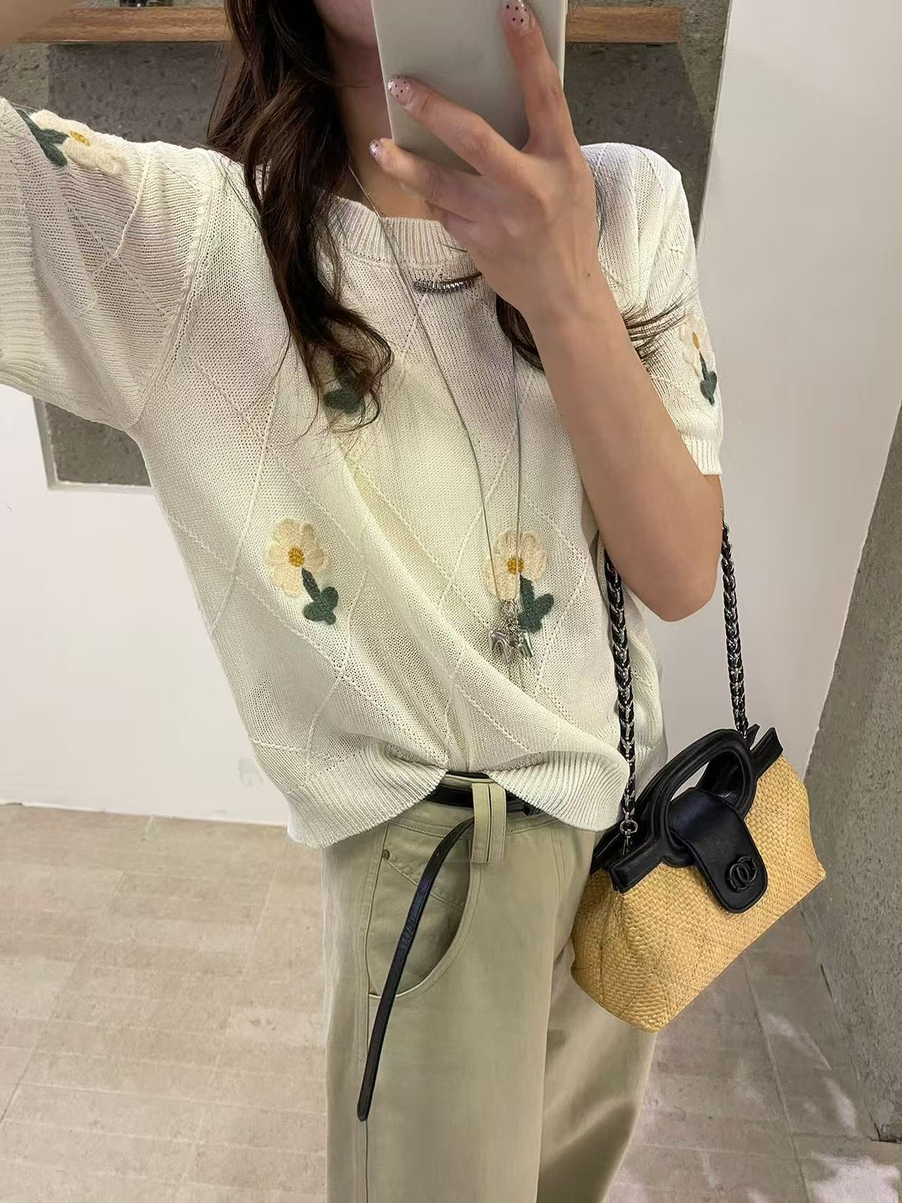 小花刺繡泡泡袖冰絲針織衫女歐洲站2026春裝新款歐貨女裝打底衫潮