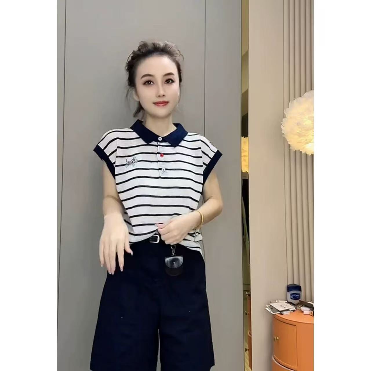 韓系簡約通勤風條紋復古紐扣短袖T恤夏季女時尚大碼胖mm顯瘦上衣