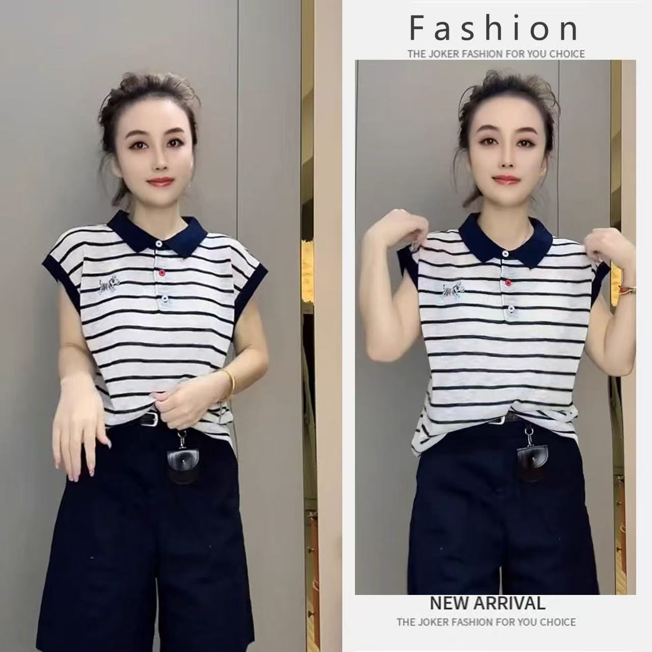 韓系簡約通勤風條紋復古紐扣短袖T恤夏季女時尚大碼胖mm顯瘦上衣