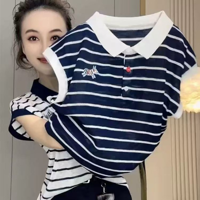 韓系簡約通勤風條紋復古紐扣短袖T恤夏季女時尚大碼胖mm顯瘦上衣