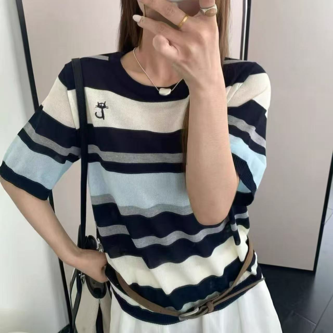 夏季新款條紋拼色短袖針織衫女薄款撞色寬松顯瘦修身POLO領上衣