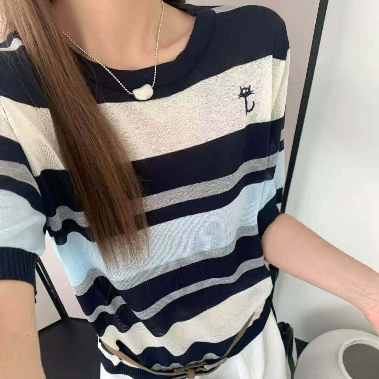 夏季新款條紋拼色短袖針織衫女薄款撞色寬松顯瘦修身POLO領上衣