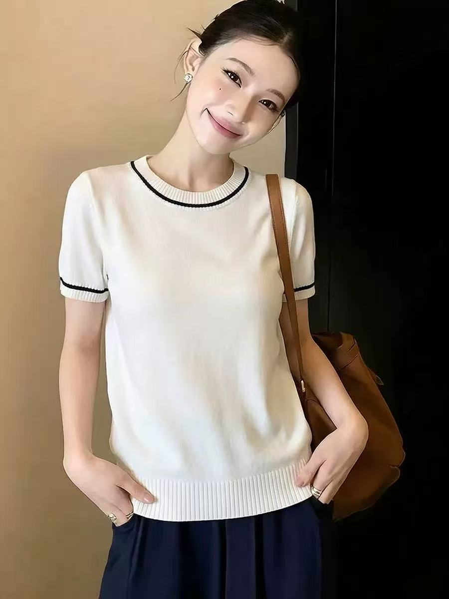 法式輕熟簡約風白色短袖針織衫女夏季新款小眾撞色設計感百搭上衣