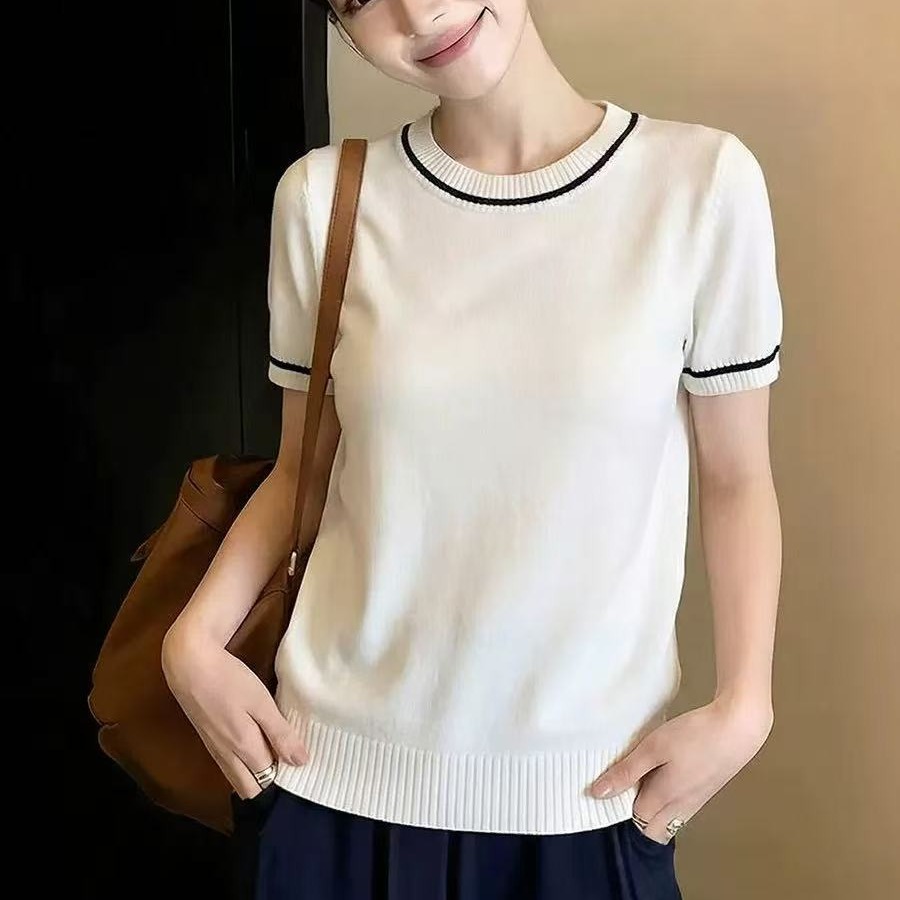 法式輕熟簡約風白色短袖針織衫女夏季新款小眾撞色設計感百搭上衣