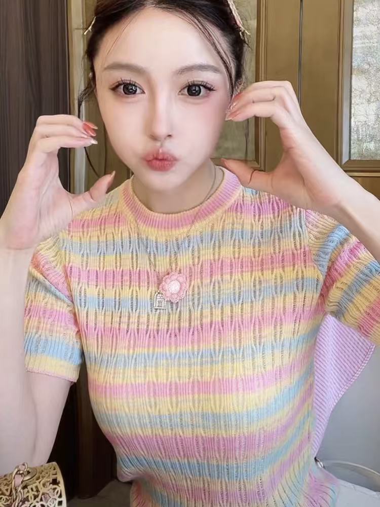 田嬌baby彩虹多巴胺少女感小香風條紋撞色圓領針織短袖T恤夏