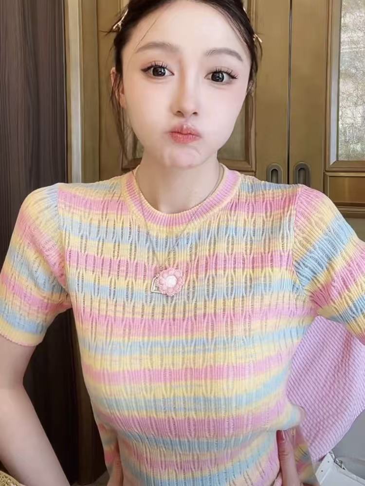 田嬌baby彩虹多巴胺少女感小香風條紋撞色圓領針織短袖T恤夏