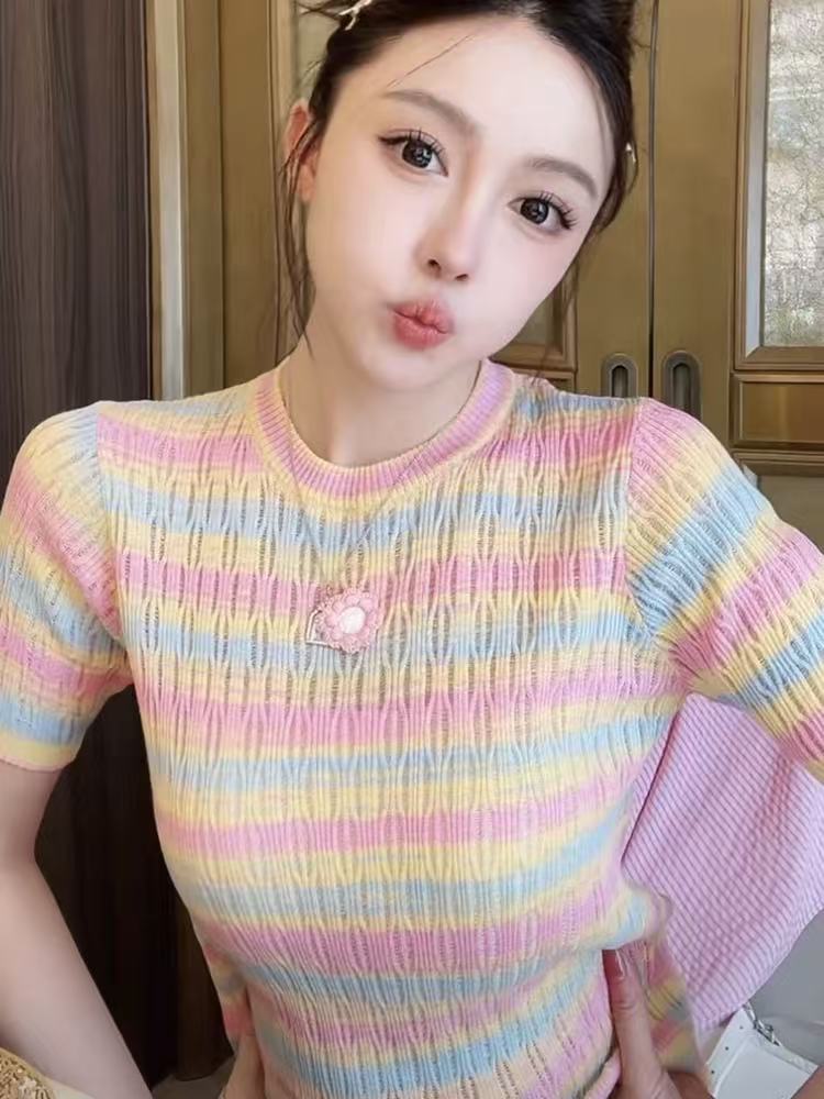 田嬌baby彩虹多巴胺少女感小香風條紋撞色圓領針織短袖T恤夏