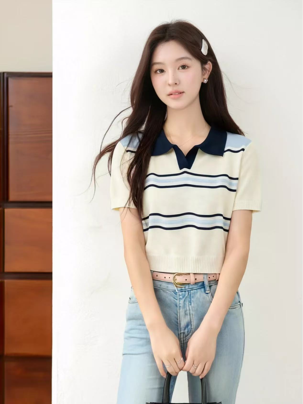 拉窩姐姐韓版設計感條紋短袖T恤女夏季新款氣質百搭休閑別致上衣