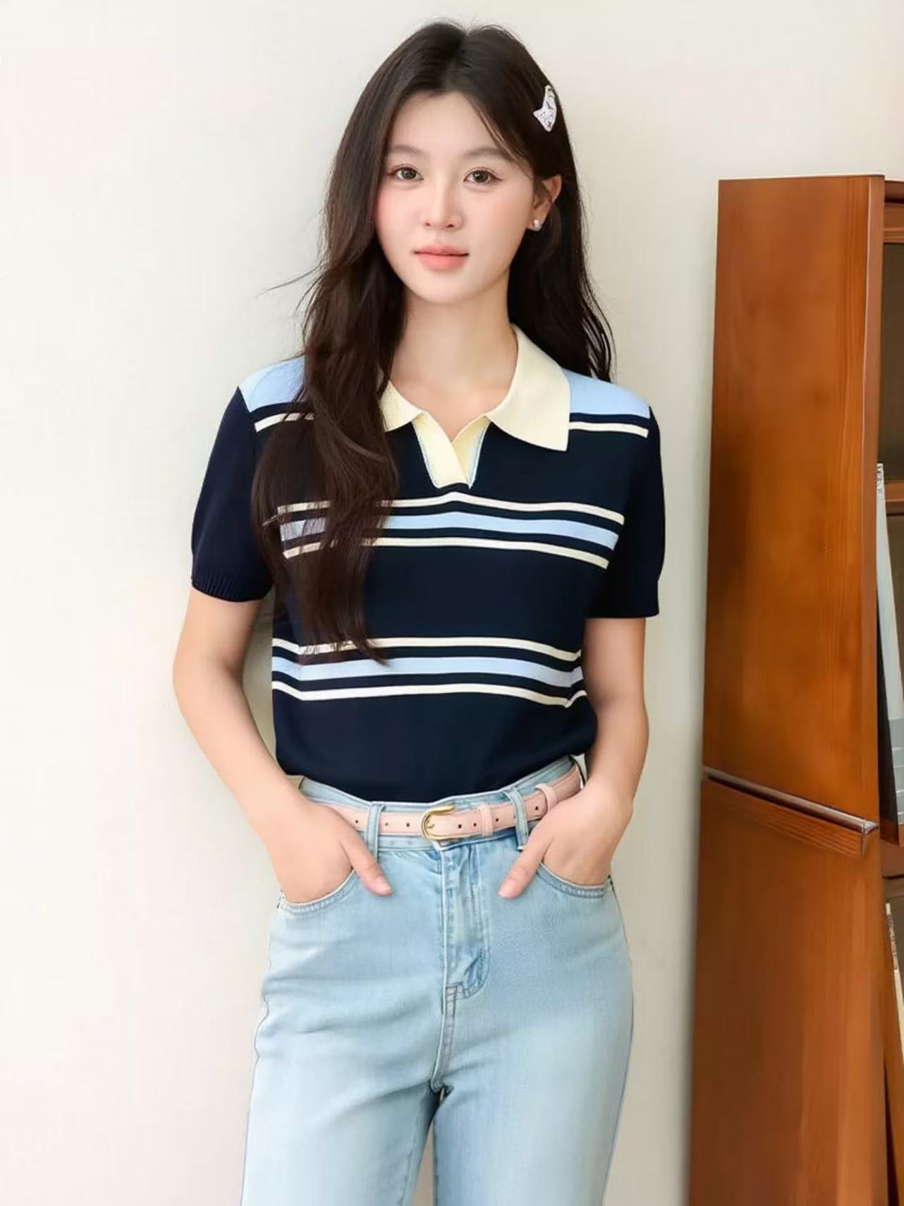 拉窩姐姐韓版設計感條紋短袖T恤女夏季新款氣質百搭休閑別致上衣