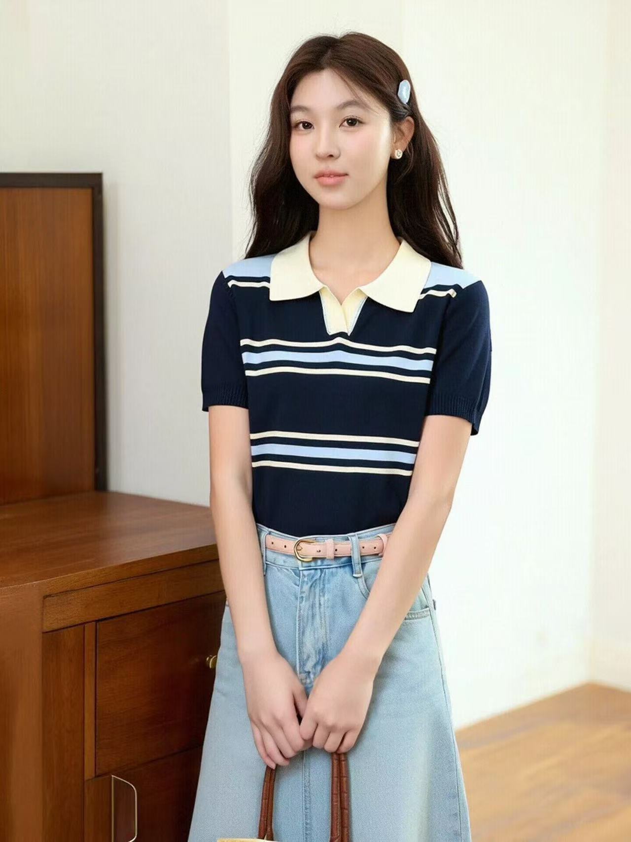 拉窩姐姐韓版設計感條紋短袖T恤女夏季新款氣質百搭休閑別致上衣