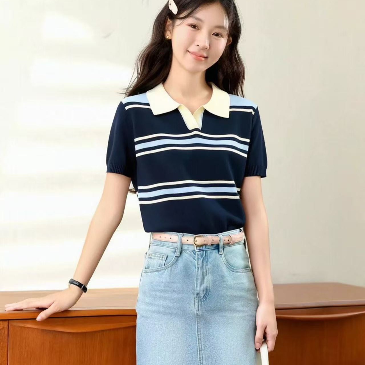 拉窩姐姐韓版設計感條紋短袖T恤女夏季新款氣質百搭休閑別致上衣