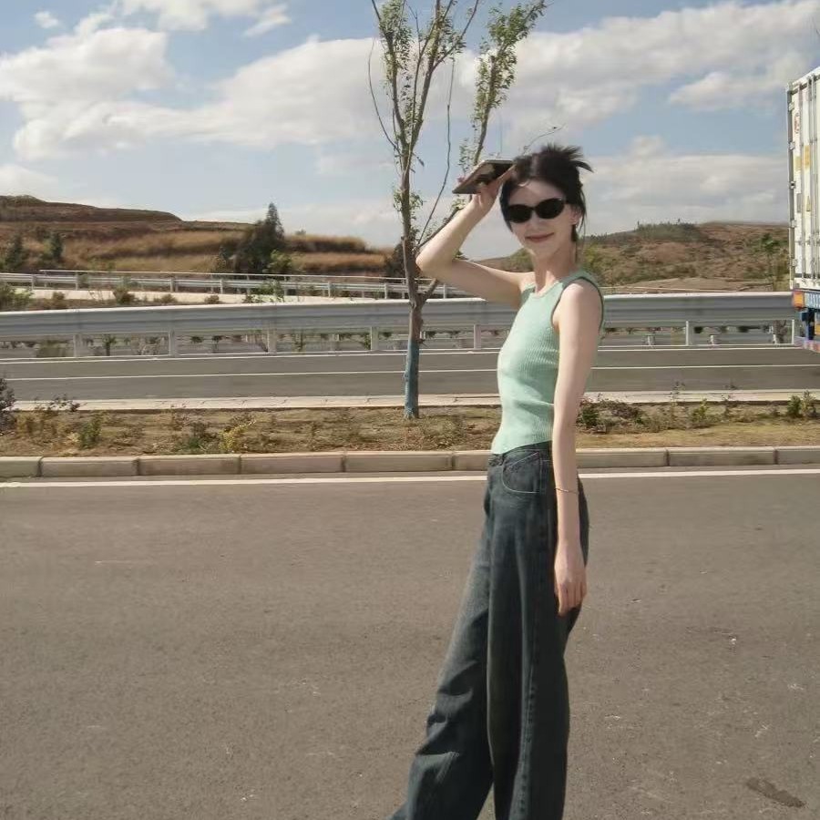 法式小清新綠色削肩無袖吊帶背心女內搭夏季外穿甜辣針織t恤上衣