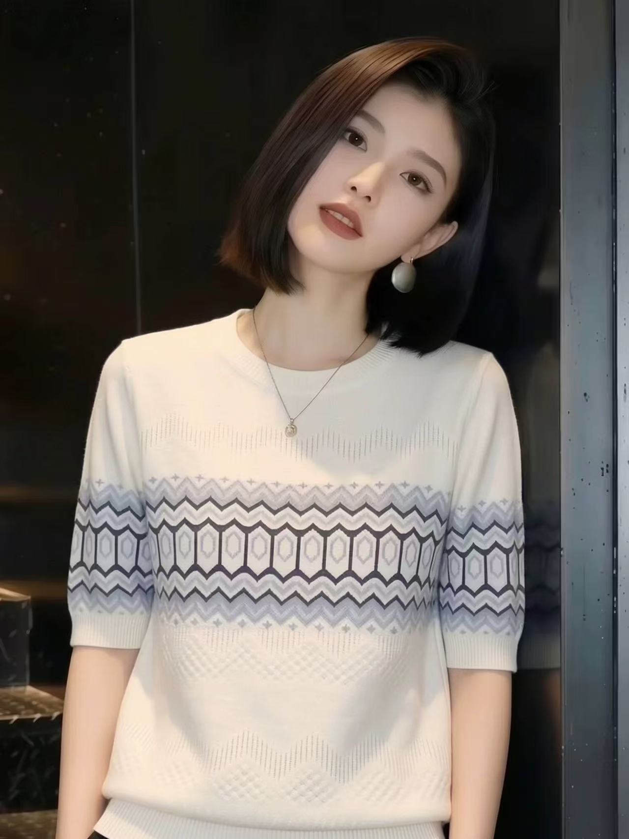 PLLFS 2026夏季新款時尚提花針織衫女短袖高級感顯瘦洋氣減齡上衣
