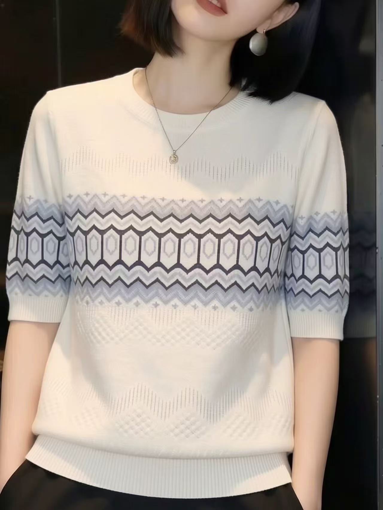 PLLFS 2026夏季新款時尚提花針織衫女短袖高級感顯瘦洋氣減齡上衣