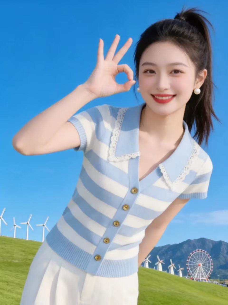 學院風條紋翻領短袖針織衫女裝夏季新款氣質修身顯瘦高腰短款上衣