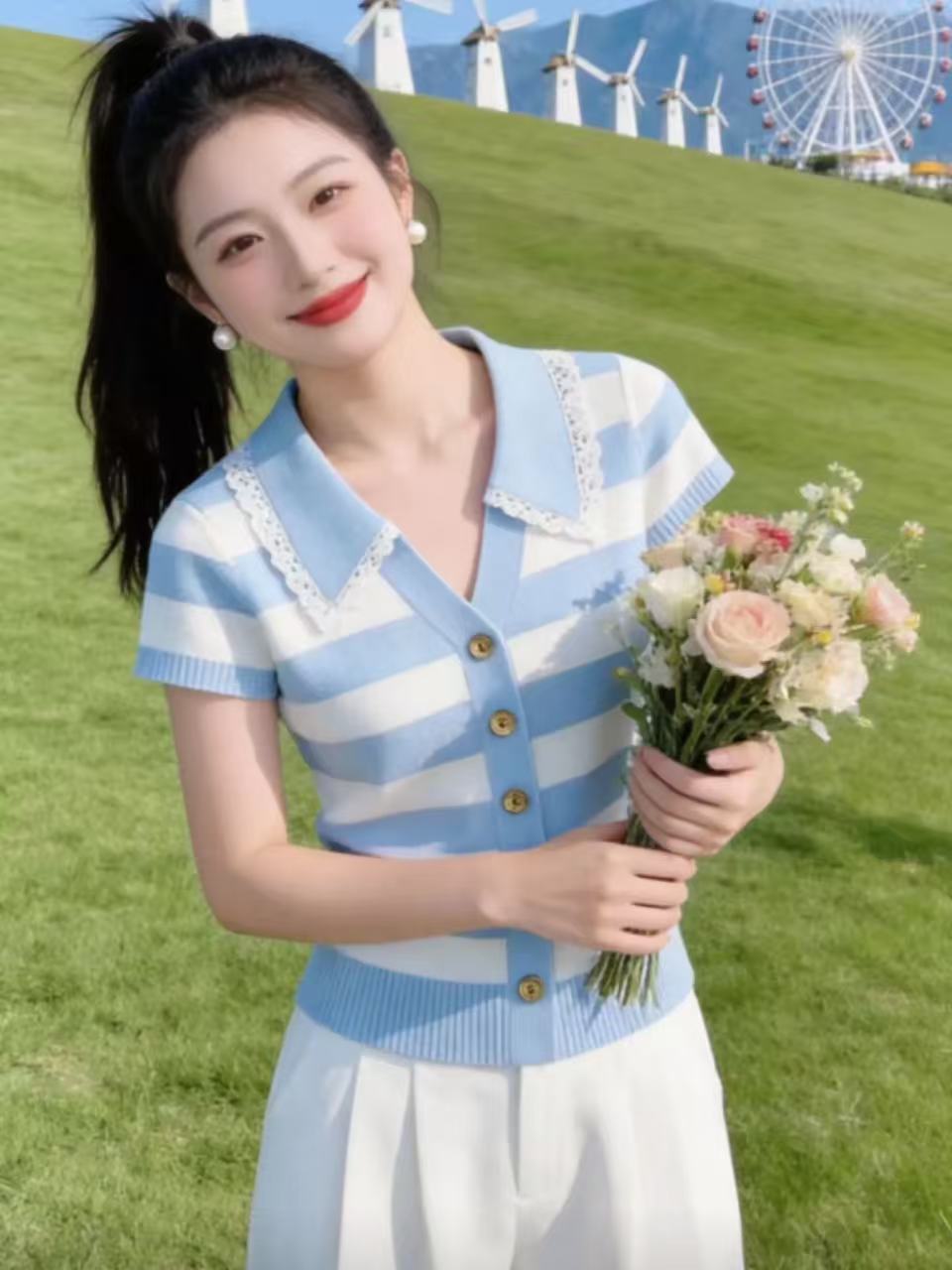 學院風條紋翻領短袖針織衫女裝夏季新款氣質修身顯瘦高腰短款上衣