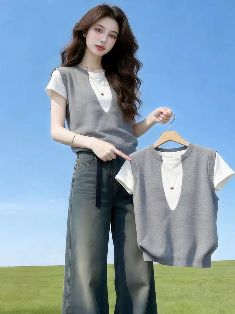 假兩件別致獨特上衣冰絲短袖女夏薄款t恤女寬松韓版慵懶風體恤衫
