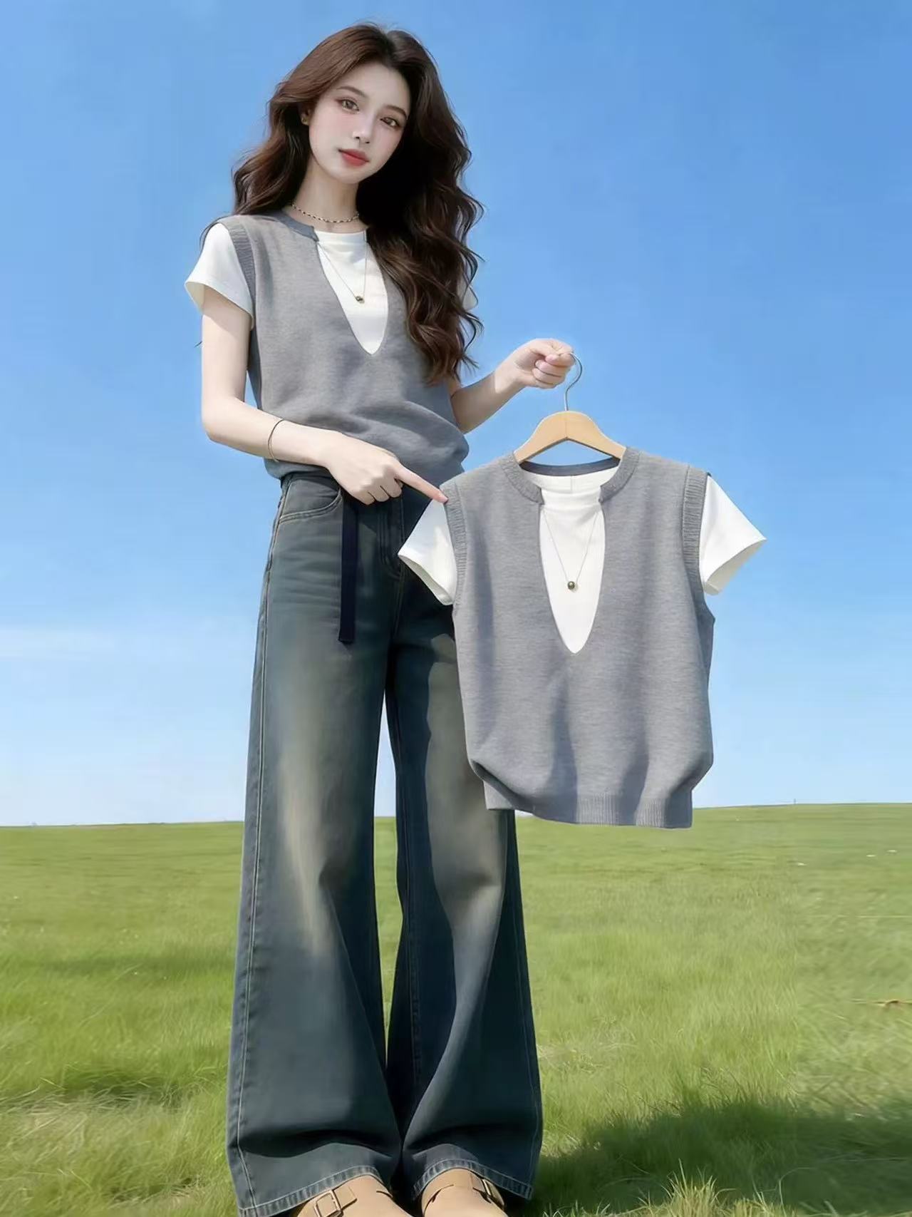 假兩件別致獨特上衣冰絲短袖女夏薄款t恤女寬松韓版慵懶風體恤衫