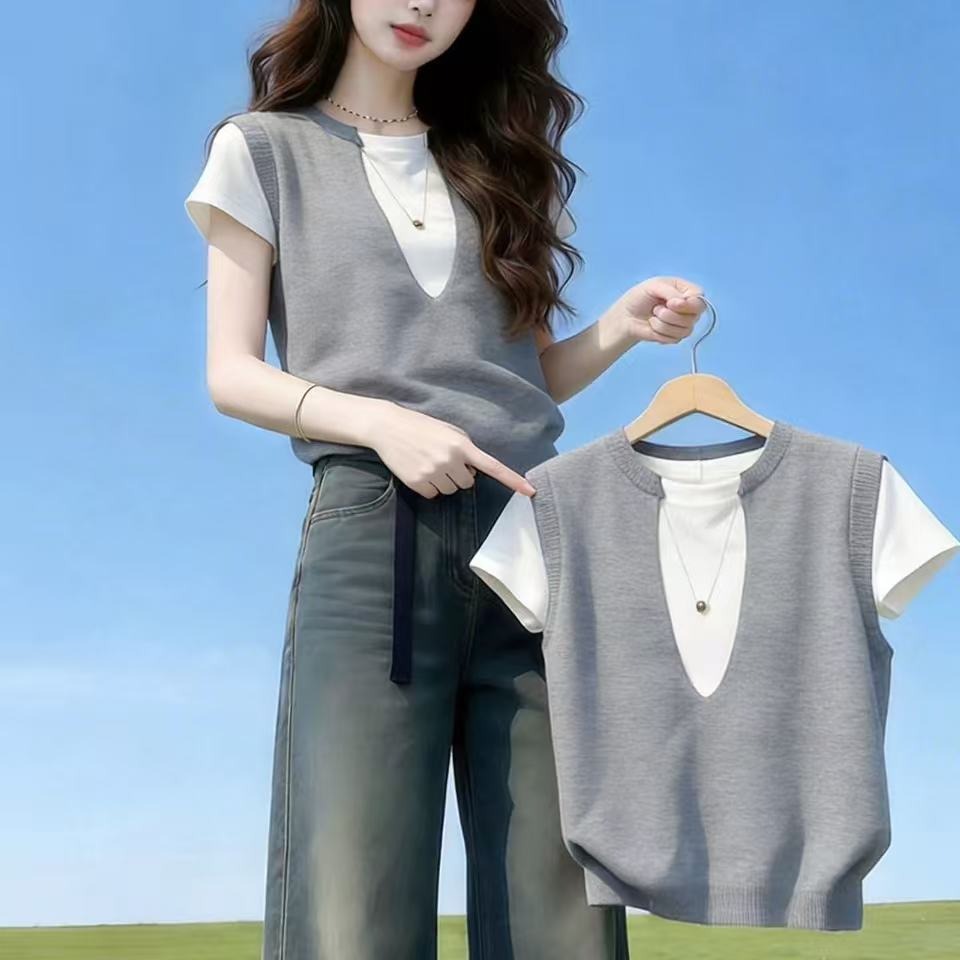 假兩件別致獨特上衣冰絲短袖女夏薄款t恤女寬松韓版慵懶風體恤衫