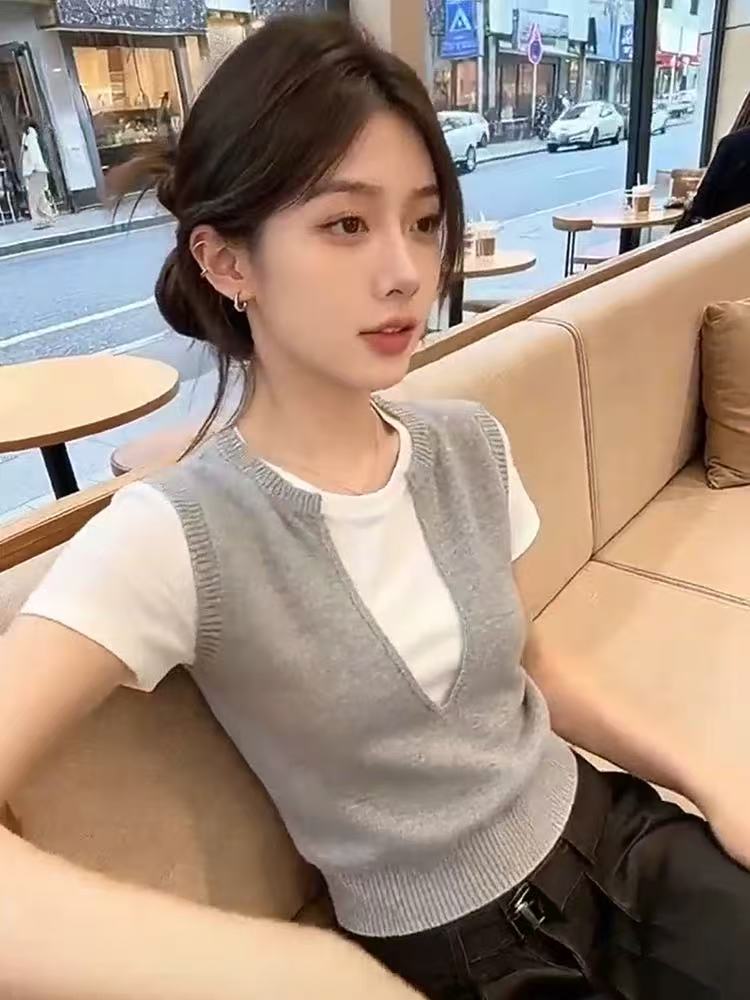 韓系時尚溫柔風假兩件針織馬甲短袖T恤減齡修身顯瘦百搭女裝上衣