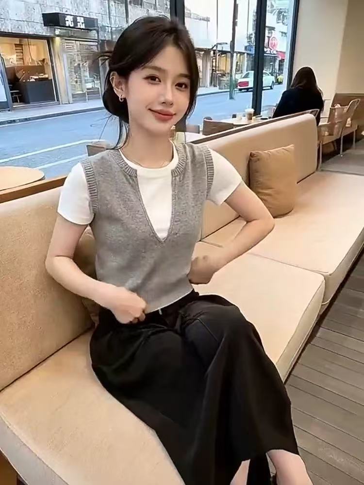 韓系時尚溫柔風假兩件針織馬甲短袖T恤減齡修身顯瘦百搭女裝上衣