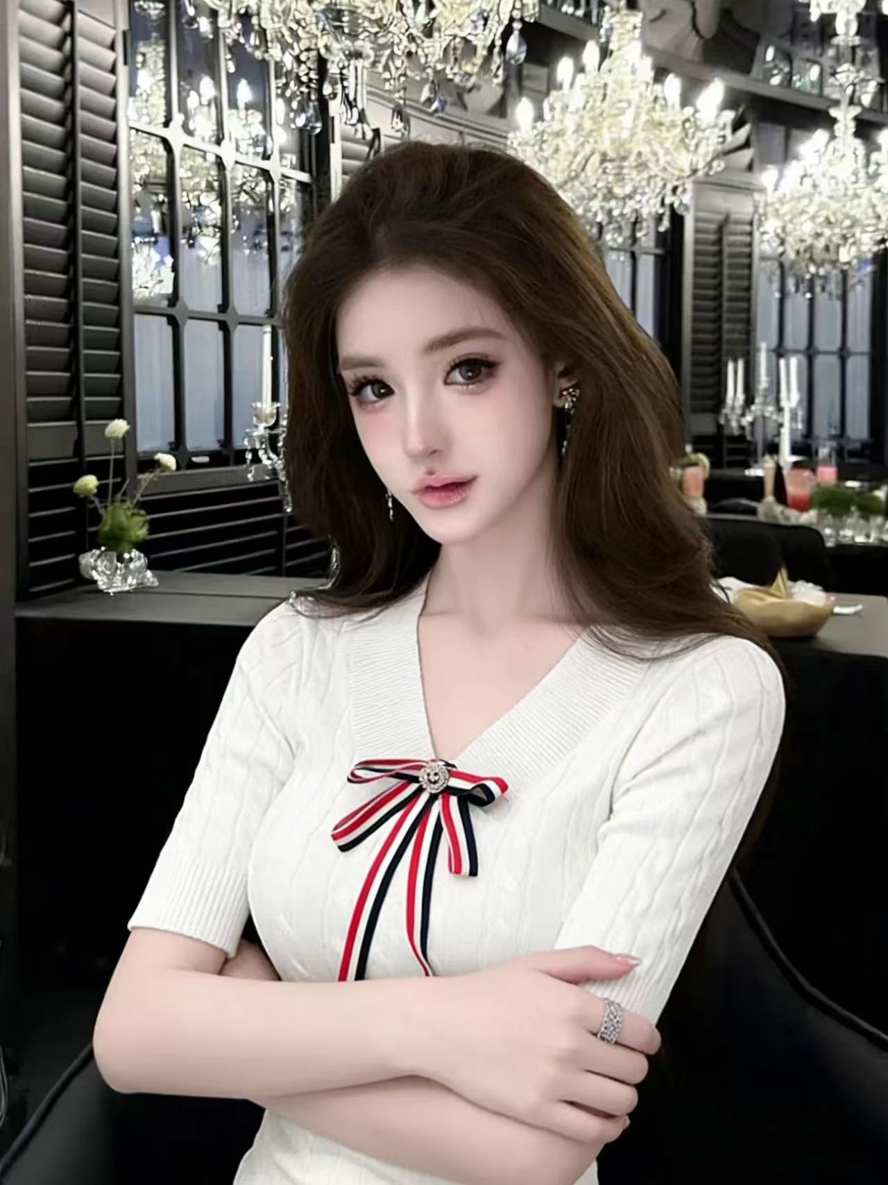 LYM STudio  小香風蝴蝶結V領針織衫女中袖修身百搭減齡上衣白色