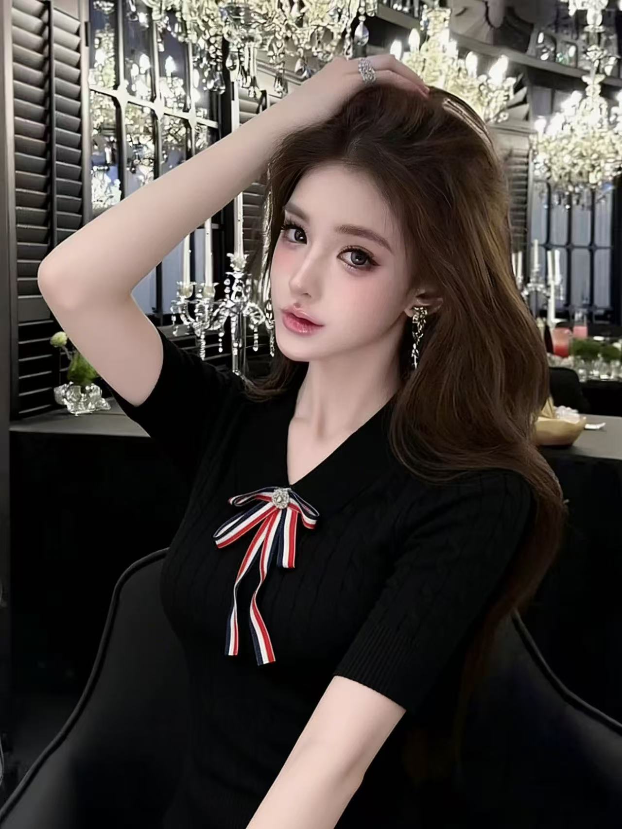 LYM STudio  小香風蝴蝶結V領針織衫女中袖修身百搭減齡上衣白色