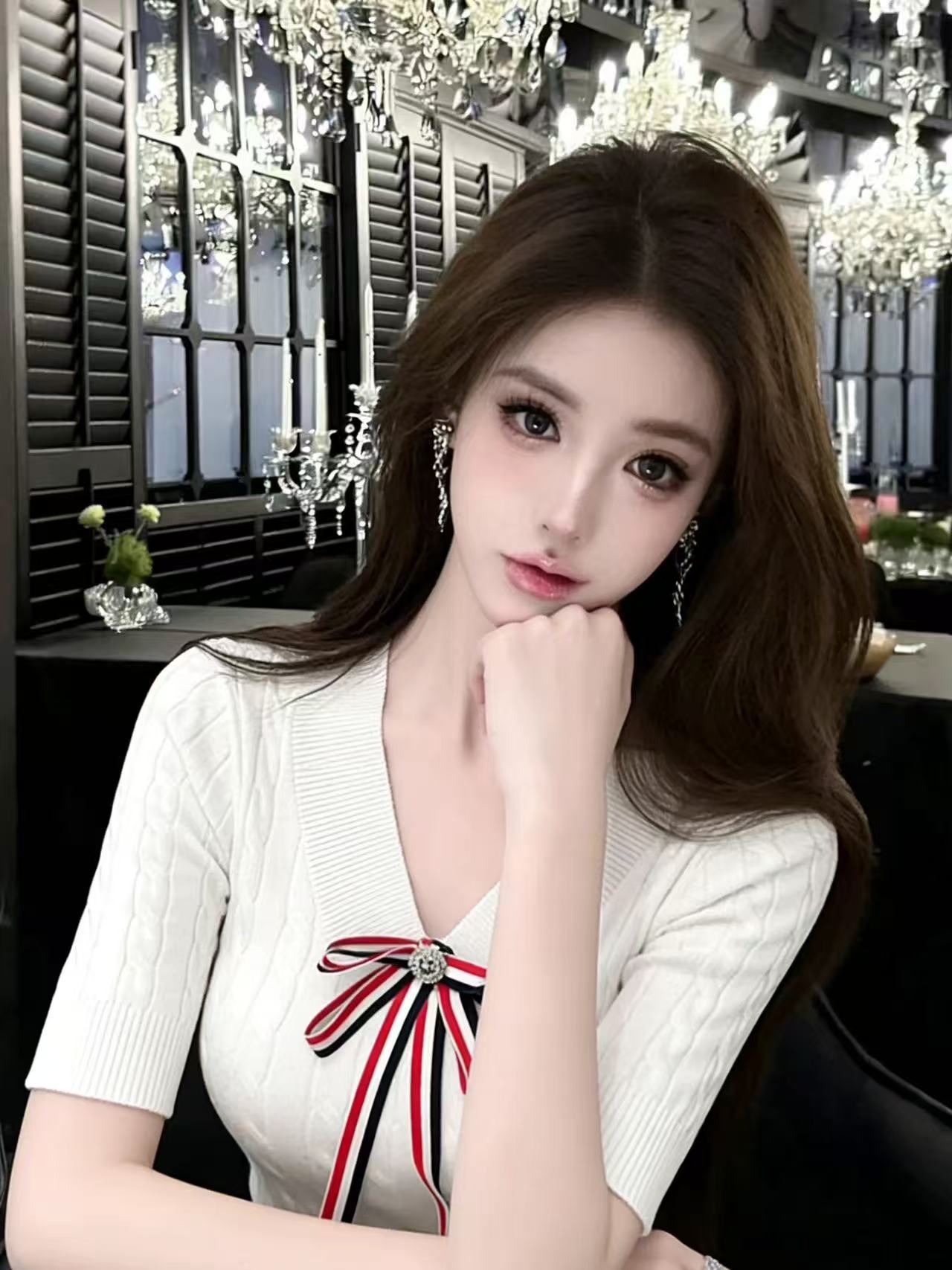 LYM STudio  小香風蝴蝶結V領針織衫女中袖修身百搭減齡上衣白色