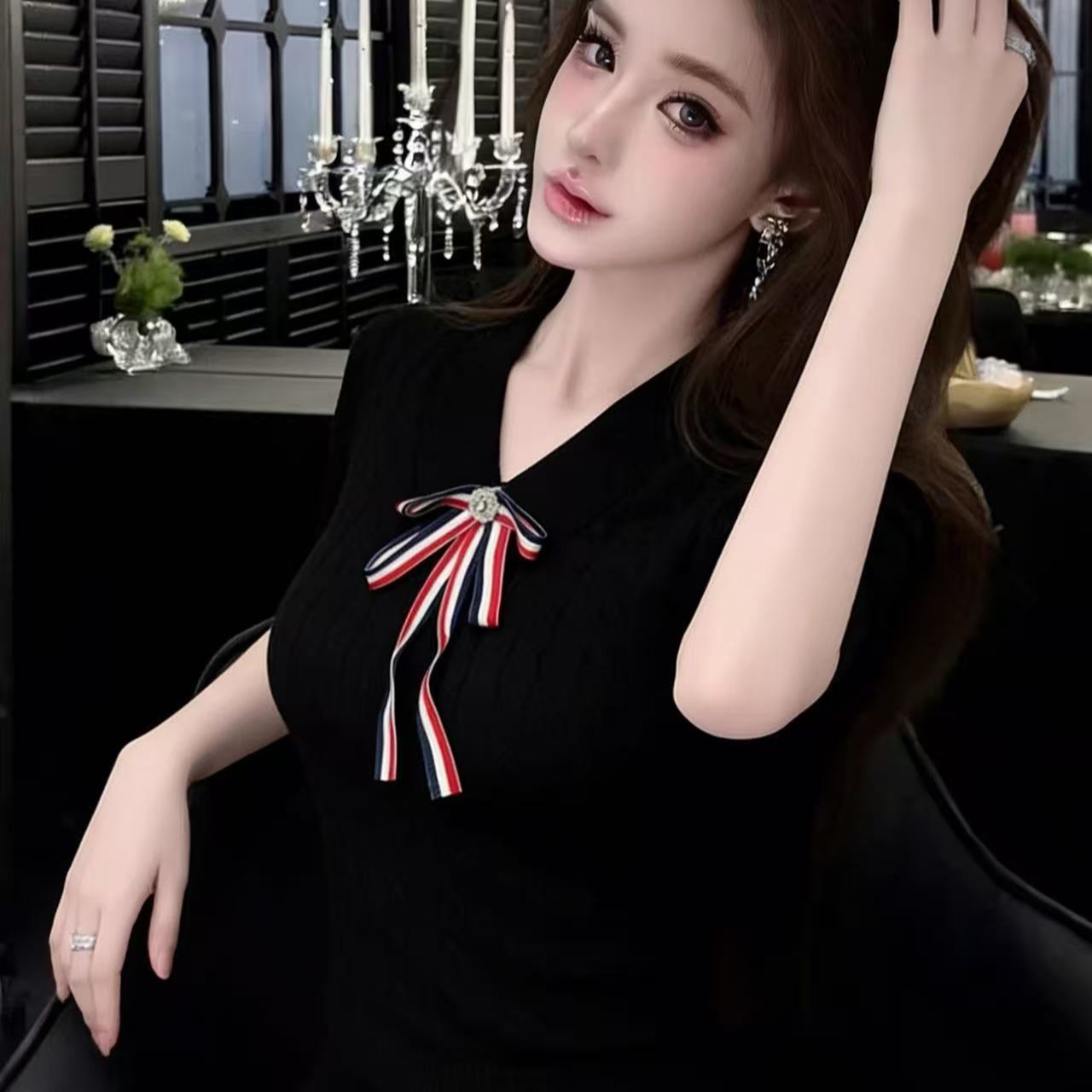 LYM STudio  小香風蝴蝶結V領針織衫女中袖修身百搭減齡上衣白色
