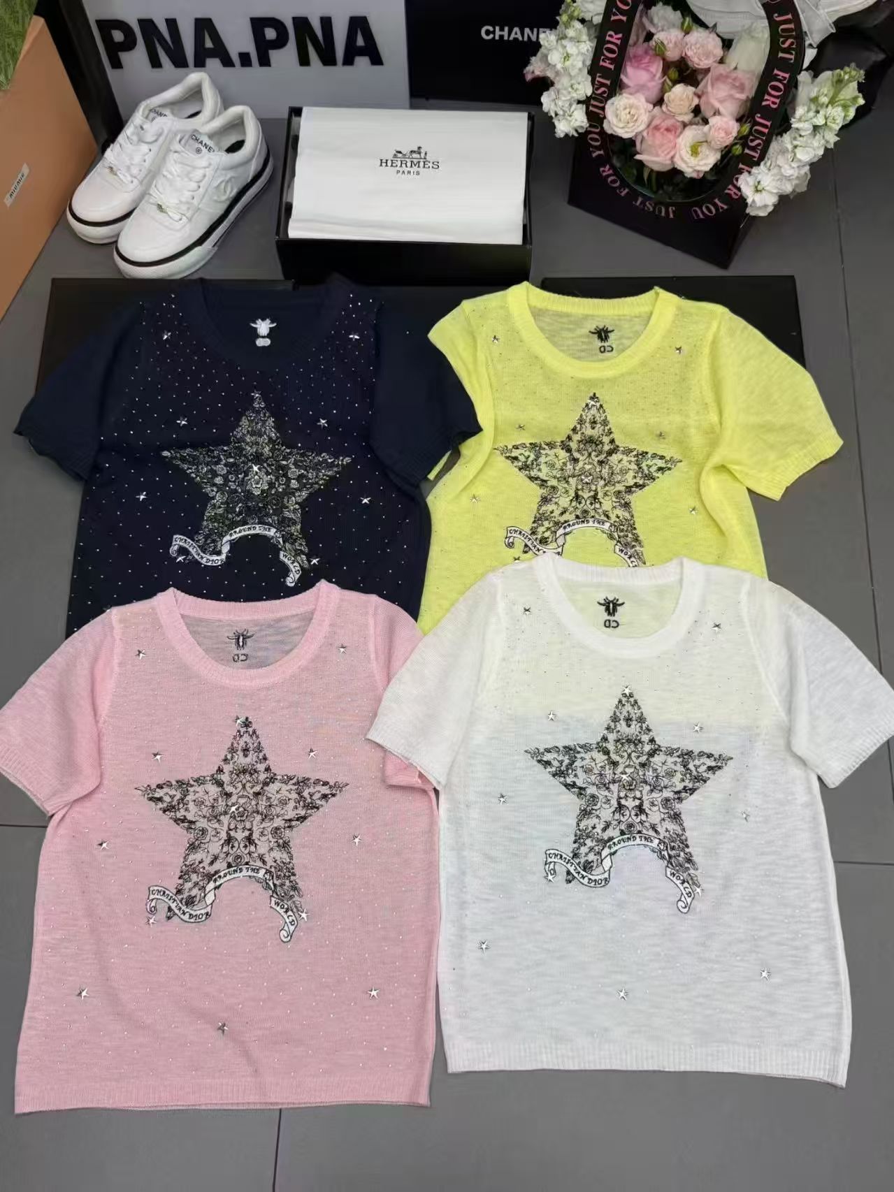 韓版法式通勤重工刺繡亮片短袖T恤女夏季設計感氣質毛針織衫上衣